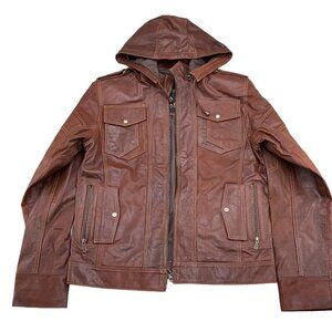 Chabi Jacket Men 42 Rust‎ Brown Leather Hood Lined Full Zip Casual USA VTG